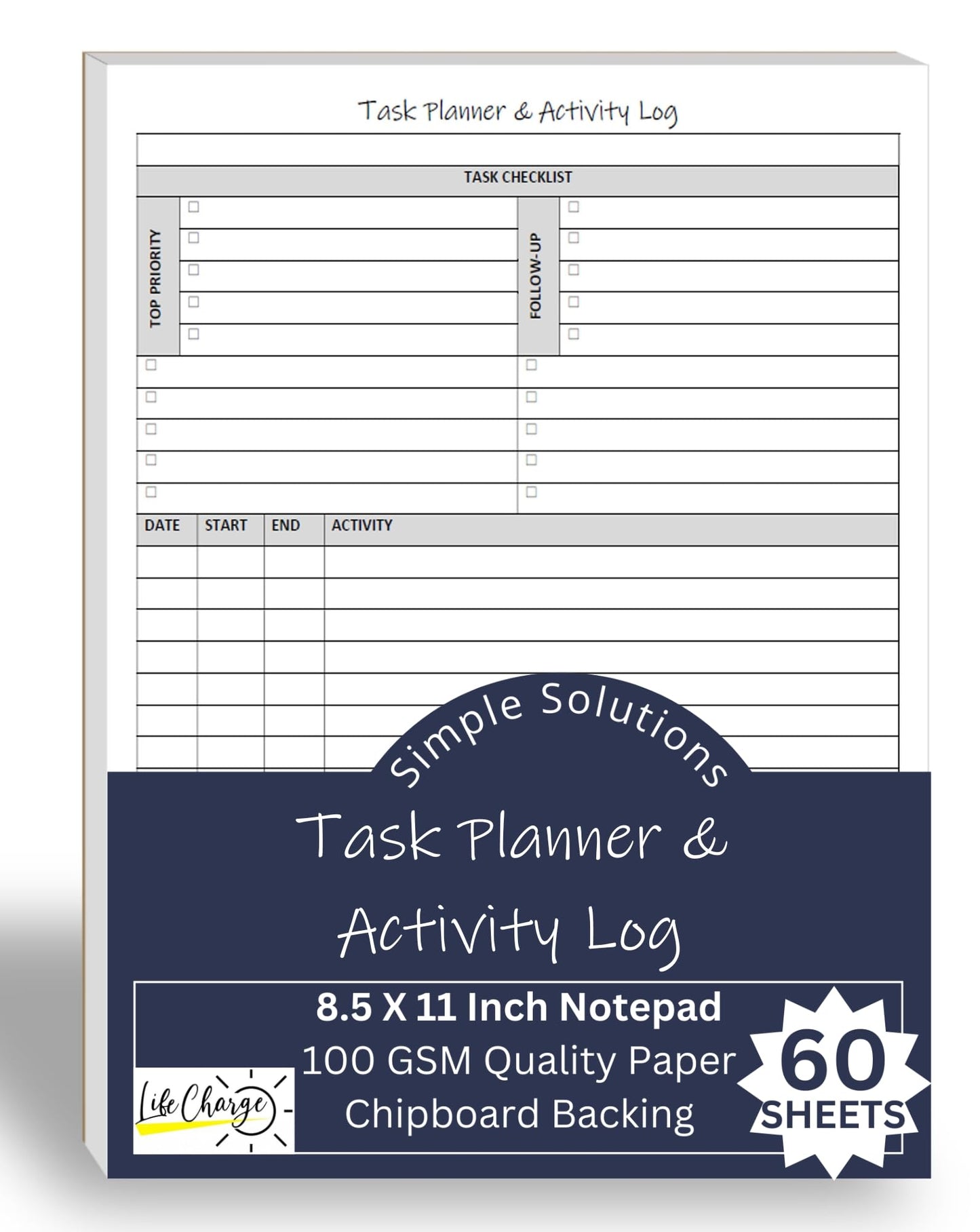 Task Planner & Activity Log Notepad – 60 Page Undated Daily & Hourly Planning Pad, To-Do List, Checklist, Track Time & Tasks, ADHD Tracker – Organize Workday, Boost Productivity – 8.5 x 11 Tear Sheets
