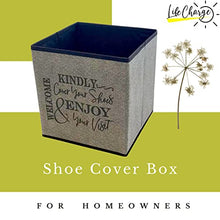Load image into Gallery viewer, Shoe Covers Box - Welcomes Guests to Please Cover Shoes. Indoor Foldable Storage Bin to Fill w/your Favorite Booties. For Homeowner, Real Estate Agent, Realtor Open House Supplies | 1 Grey & Black