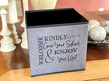 Load image into Gallery viewer, Shoe Covers Box - Welcomes Guests to Please Cover Shoes. Indoor Foldable Storage Bin to Fill w/your Favorite Booties. For Homeowner, Real Estate Agent, Realtor Open House Supplies | 1 Grey & Black