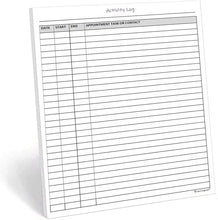 Load image into Gallery viewer, Activity Log Notepad, 50 Page Planner Pad to List a Task, Action or Contact. A Versatile Work Tool to Track Time & Organize Office Productivity. 8.5 X 11, A4 Sheets.