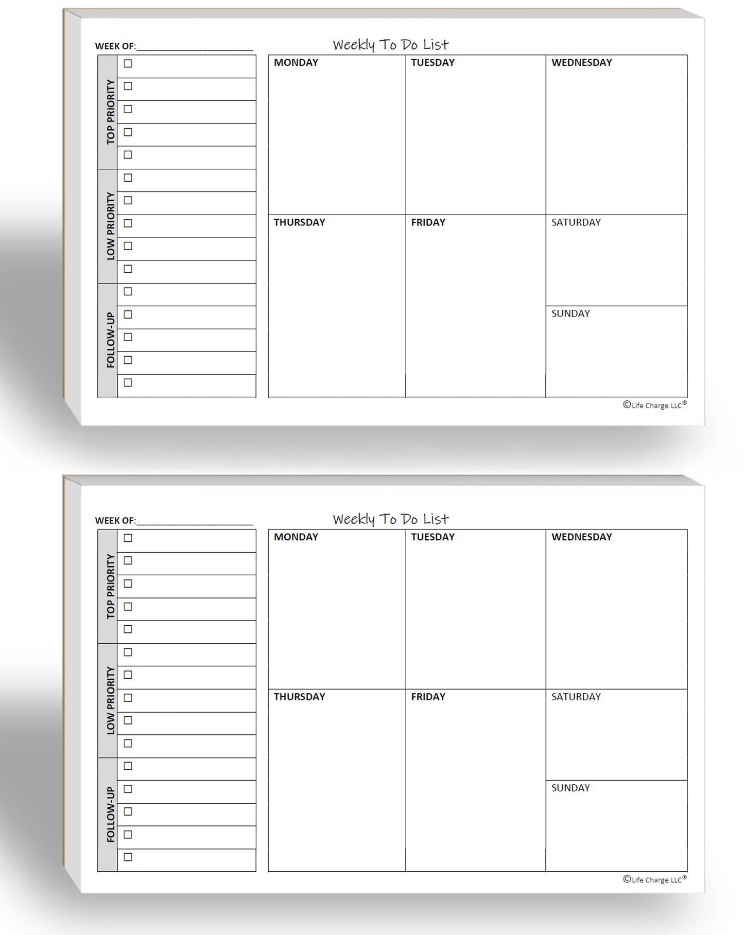 Weekly TO DO List Notepads (2 Pack, 50 Pages Each) Task Planner Pads w/Daily Checklist, Priority ToDo & Note Sections. Desk Notebook Pad to Organize Office. 8.5 X 5.5, A5 Sheets. Made in the USA.
