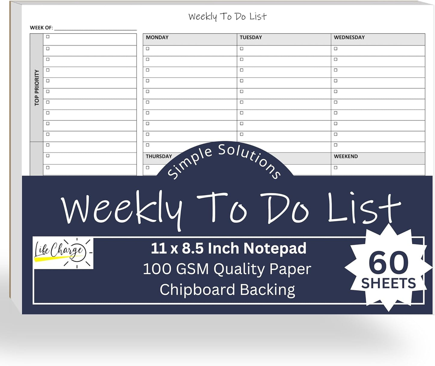 Weekly To Do List Planner Notepad, 60 Page Task Planning Pad with Daily Checklist, Priority To-Do Checkboxes & Notes, Desk Notebook for Office Organization & Productivity, 11 x 8.5