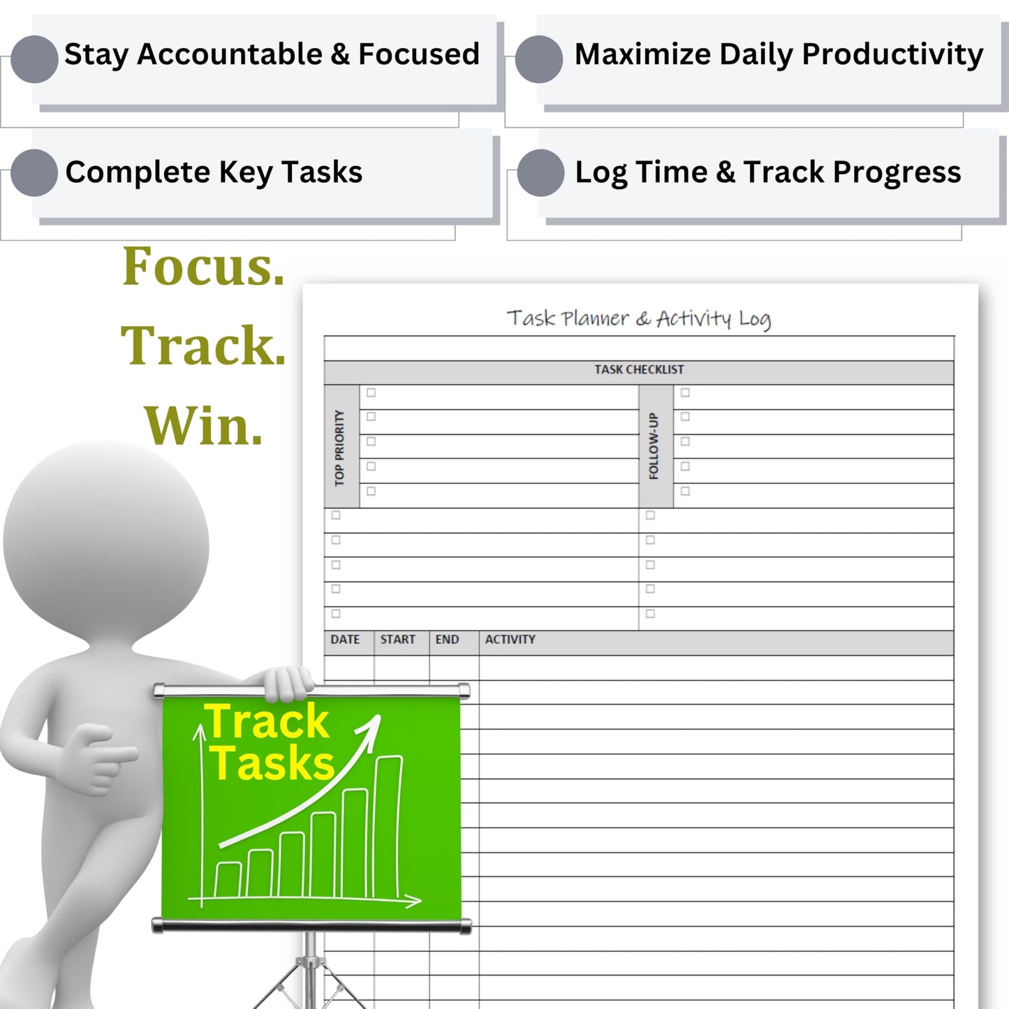 Task Planner & Activity Log Notepad – 60 Page Undated Daily & Hourly Planning Pad, To-Do List, Checklist, Track Time & Tasks, ADHD Tracker – Organize Workday, Boost Productivity – 8.5 x 11 Tear Sheets