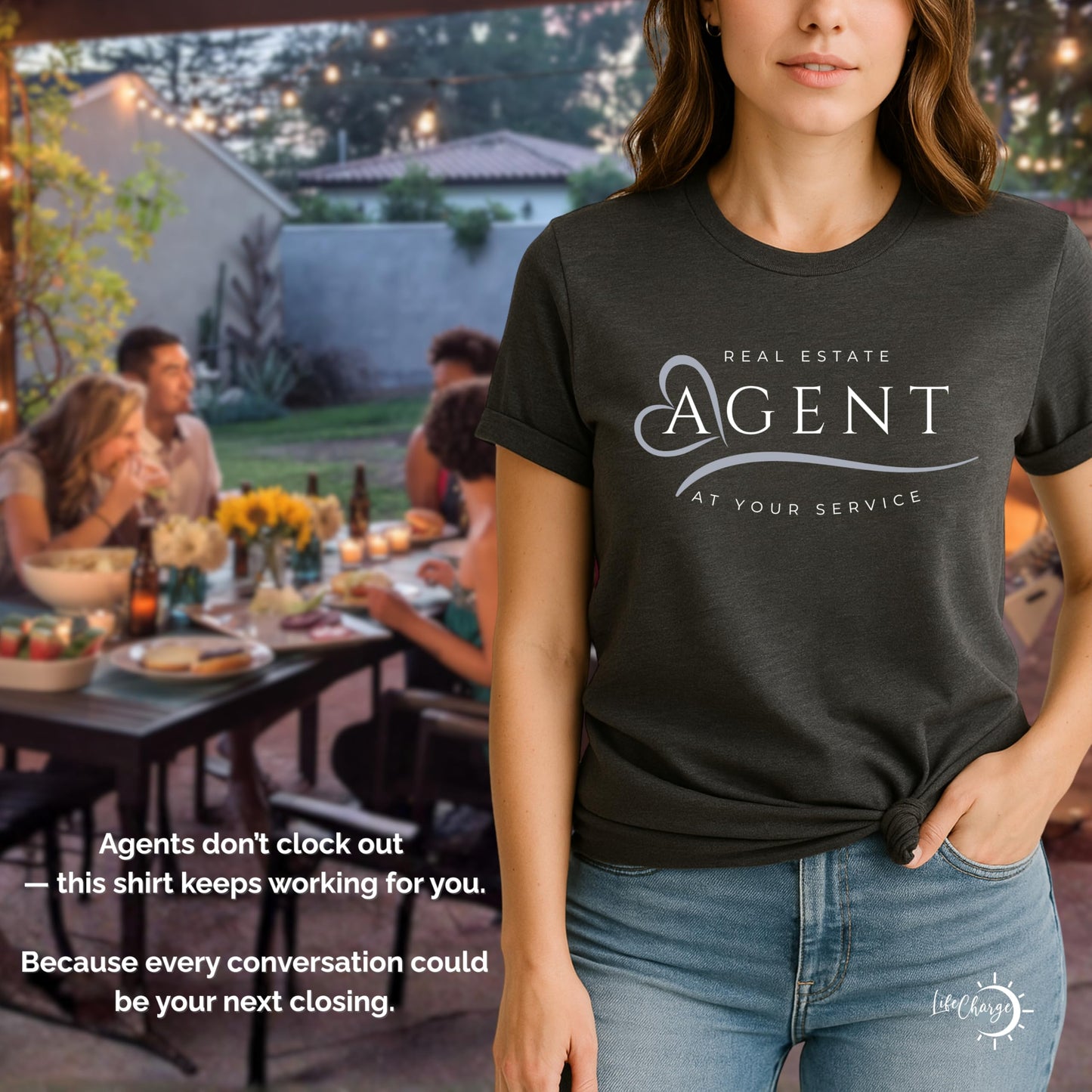Real Estate Agent T-Shirt for Women – “at Your Service” Realtor Gift Top – Soft Charcoal Heather Cotton Blend – Relaxed Fit Crew Neck – Made in USA – Lead-Generating Real Estate Shirt - Medium