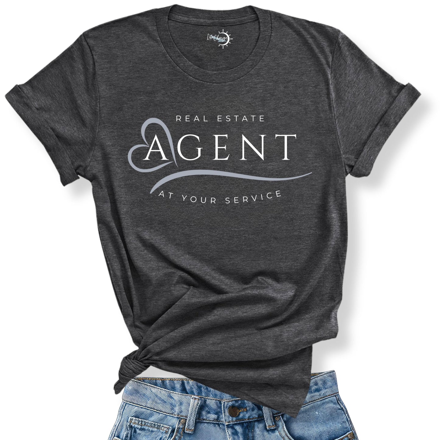 Real Estate Agent T-Shirt for Women – “at Your Service” Realtor Gift Top – Soft Charcoal Heather Cotton Blend – Relaxed Fit Crew Neck – Made in USA – Lead-Generating Real Estate Shirt - Medium