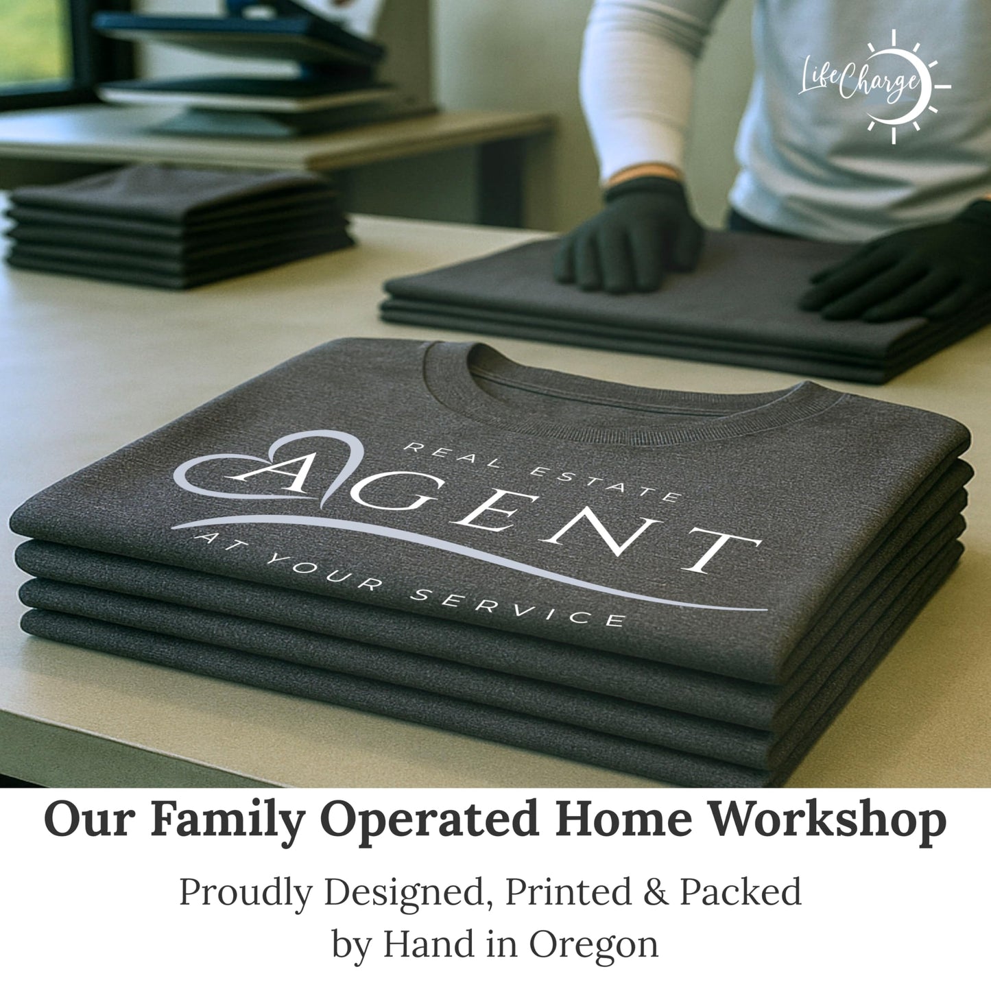 Real Estate Agent T-Shirt for Women – “at Your Service” Realtor Gift Top – Soft Charcoal Heather Cotton Blend – Relaxed Fit Crew Neck – Made in USA – Lead-Generating Real Estate Shirt - Medium