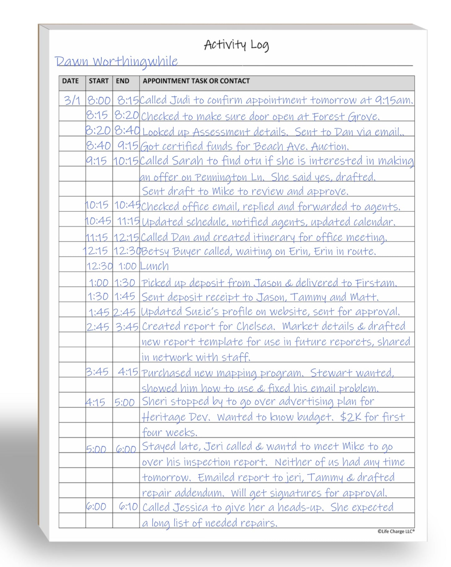Timesheet Notepad Activity Log Notepad – Undated Daily Time & Communication Log (8.5 x 11 ...