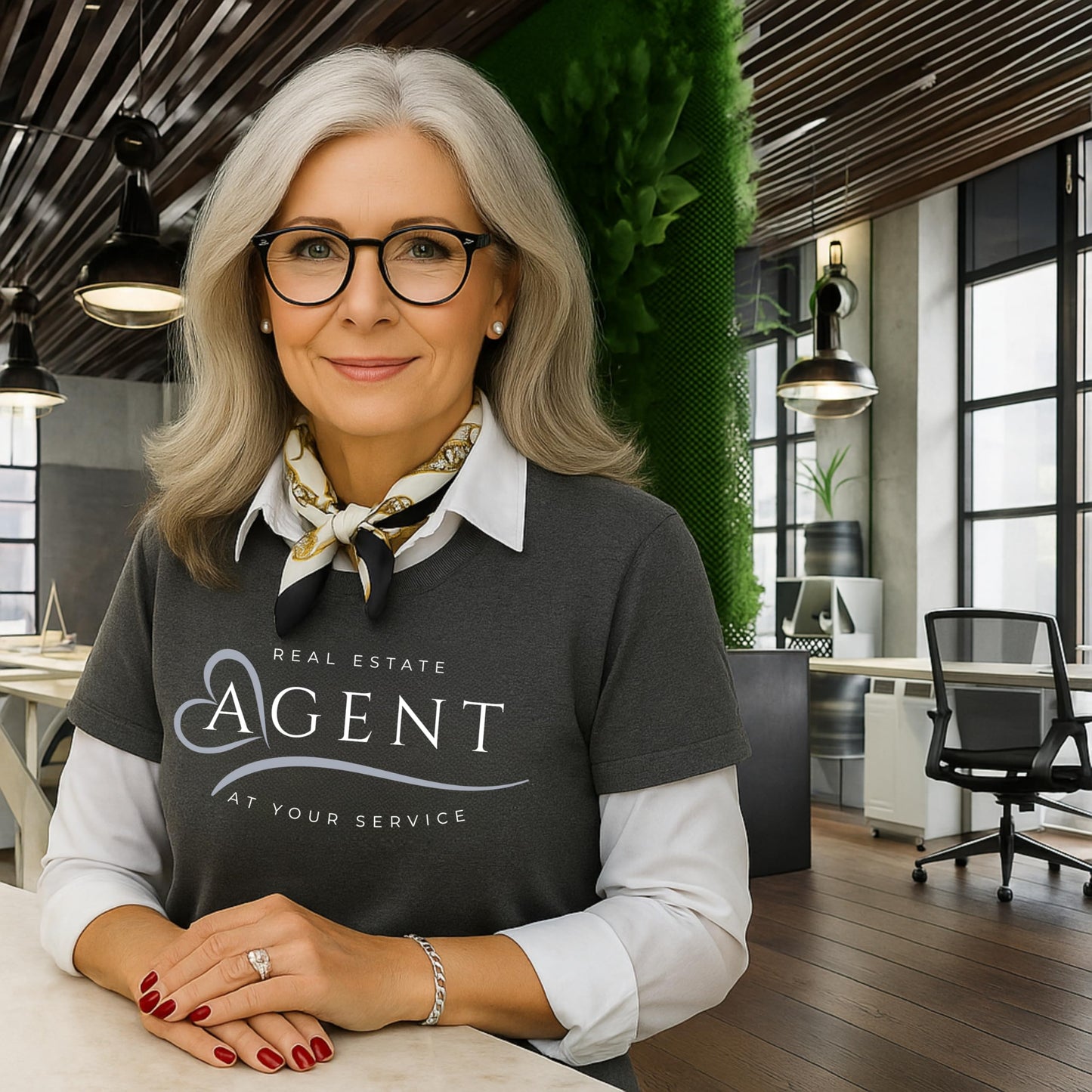 Real Estate Agent T-Shirt for Women – “at Your Service” Realtor Gift Top – Soft Charcoal Heather Cotton Blend – Relaxed Fit Crew Neck – Made in USA – Lead-Generating Real Estate Shirt - Medium