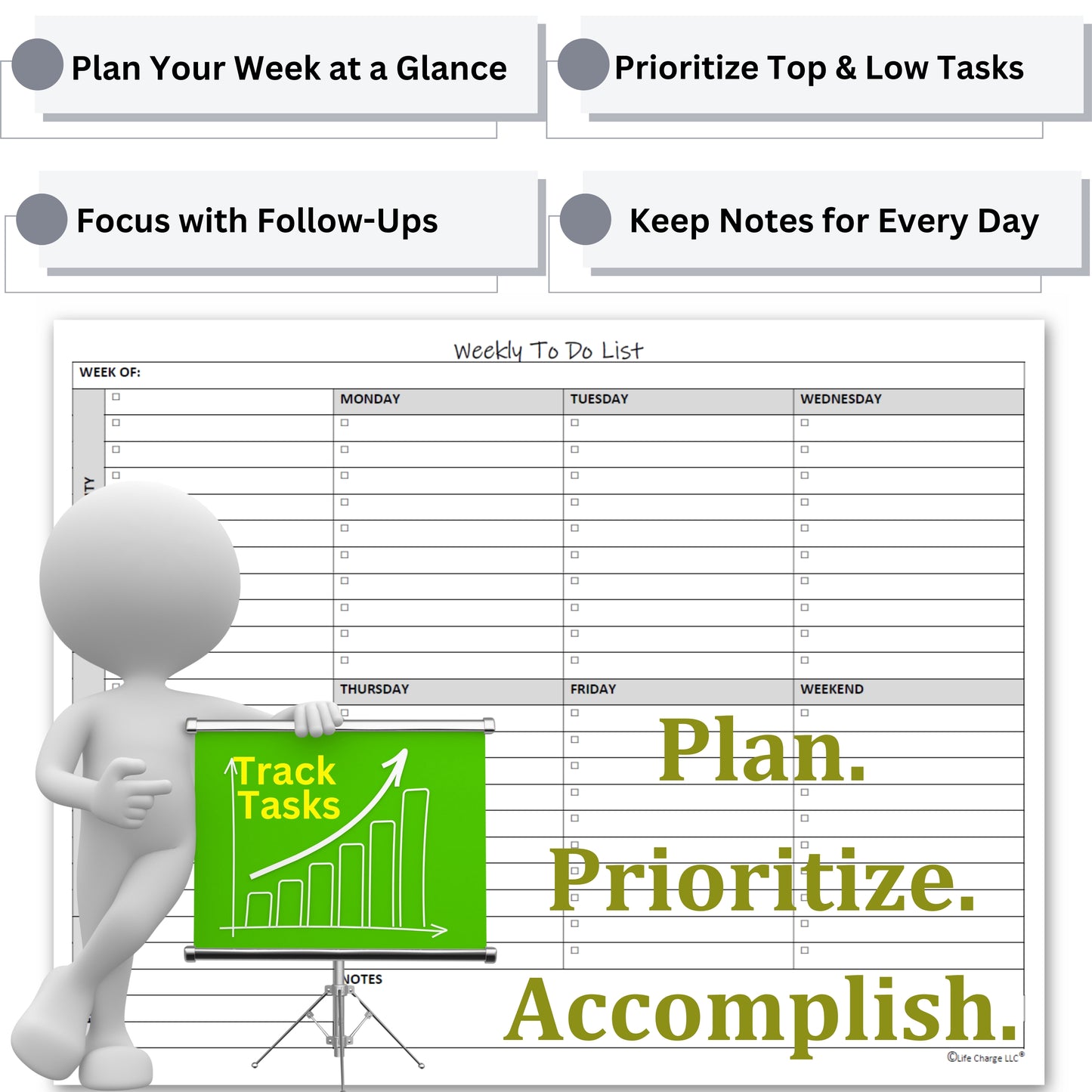 Weekly To Do List Planner Notepad, 60 Page Task Planning Pad with Daily Checklist, Priority To-Do Checkboxes & Notes, Desk Notebook for Office Organization & Productivity, 11 x 8.5