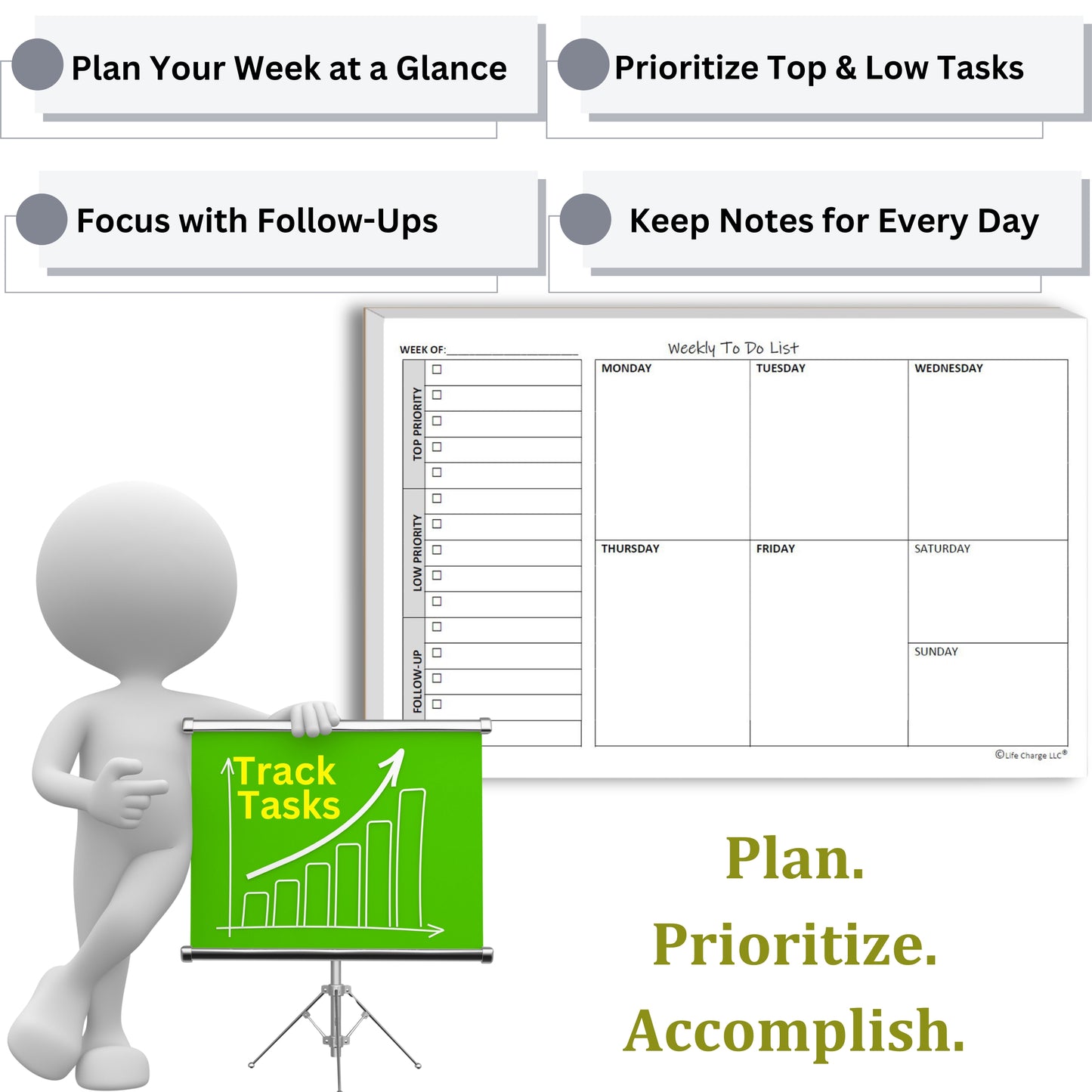 Weekly TO DO List Notepads (2 Pack, 50 Pages Each) Task Planner Pads w/Daily Checklist, Priority ToDo & Note Sections. Desk Notebook Pad to Organize Office. 8.5 X 5.5, A5 Sheets. Made in the USA.