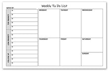 Load image into Gallery viewer, Weekly TO DO List Notepads (2 Pack, 50 Pages Each) Task Planner Pads w/Daily Checklist, Priority ToDo &amp; Note Sections. Desk Notebook Pad to Organize Office. 8.5 X 5.5, A5 Sheets. Made in the USA.
