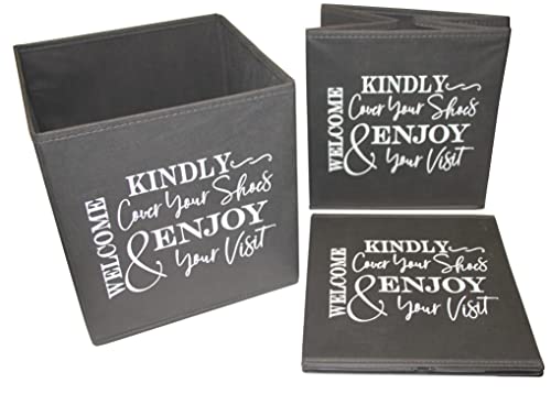 Shoe Covers Box - Welcomes Guests to Please Cover Shoes. Indoor Foldable Storage Bin to Fill w/your Favorite Booties. For Homeowner, Real Estate Agent, Realtor Open House Supplies | 1 Grey & White