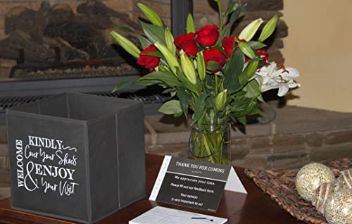 Shoe Covers Box - Welcomes Guests to Please Cover Shoes. Indoor Foldable Storage Bin to Fill w/your Favorite Booties. For Homeowner, Real Estate Agent, Realtor Open House Supplies | 1 Grey & White