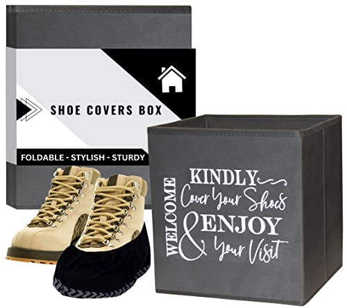Shoe Covers Box - Welcomes Guests to Please Cover Shoes. Indoor Foldable Storage Bin to Fill w/your Favorite Booties. For Homeowner, Real Estate Agent, Realtor Open House Supplies | 1 Grey & White