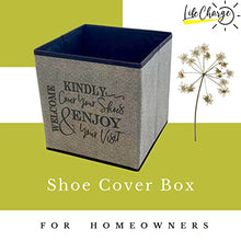 Load image into Gallery viewer, Shoe Covers Box - Welcomes Guests to Please Cover Shoes. Indoor Foldable Storage Bin to Fill w/your Favorite Booties. For Homeowner, Real Estate Agent, Realtor Open House Supplies | 1 Grey &amp; Black
