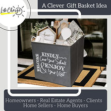 Load image into Gallery viewer, Shoe Covers Box - Welcomes Guests to Please Cover Shoes. Indoor Foldable Storage Bin to Fill w/your Favorite Booties. For Homeowner, Real Estate Agent, Realtor Open House Supplies | 1 Grey &amp; White
