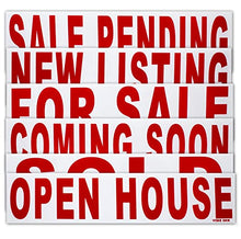 Load image into Gallery viewer, 6 Pack Bundle of Real Estate Rider Signs 6x24&quot; - FOR SALE, OPEN HOUSE, SOLD, COMING SOON, SALE PENDING, NEW LISTING - Double-Sided, Waterproof Corrugated Plastic, Made in America (Red Letters)
