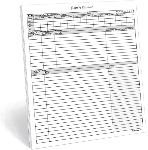 Hourly Planner Notepad. 50 Page Planning Pad w/Appointment Time Block, Task Log List & Note Sections. For Office Work Schedule & Time Management. 8.5 X 11, A4 Sheets.