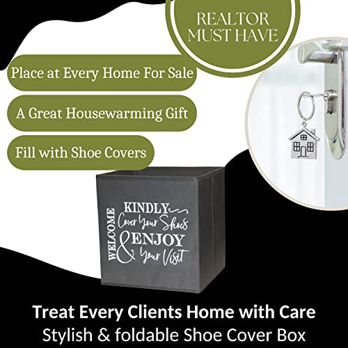 Shoe Covers Box - Welcomes Guests to Please Cover Shoes. Indoor Foldable Storage Bin to Fill w/your Favorite Booties. For Homeowner, Real Estate Agent, Realtor Open House Supplies | 1 Grey & White