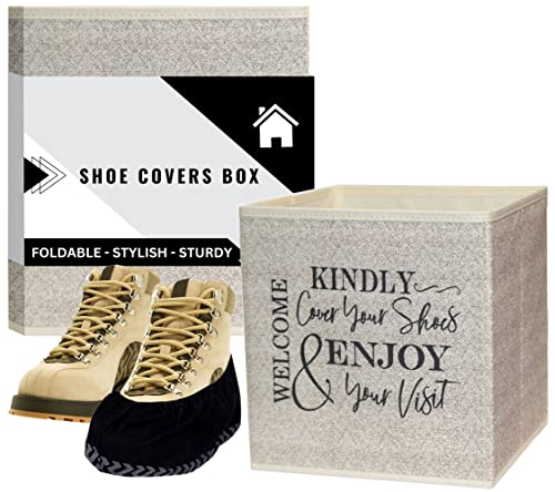 Shoe Covers Box - Welcomes Guests to Please Cover Shoes. Indoor Foldable Storage Bin to Fill w/your Favorite Booties. For Homeowner, Real Estate Agent, Realtor Open House Supplies | 1 Beige & Black