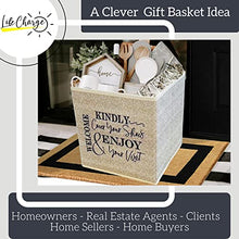 Load image into Gallery viewer, Shoe Covers Box - Welcomes Guests to Please Cover Shoes. Indoor Foldable Storage Bin to Fill w/your Favorite Booties. For Homeowner, Real Estate Agent, Realtor Open House Supplies | 1 Beige &amp; Black
