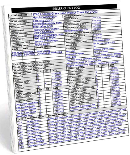 Real Estate Agent Supplies - Home Seller Client Log to include in Listing File Folders. Realtor Log to Track Seller Needs, Home Showings & Agent Activity. 50 Page Notepad. 8.5 X 11. Made in the USA.