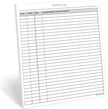 Load image into Gallery viewer, Activity Log Notepad, 50 Page Planner Pad to List a Task, Action or Contact. A Versatile Work Tool to Track Time &amp; Organize Office Productivity. 8.5 X 11, A4 Sheets.
