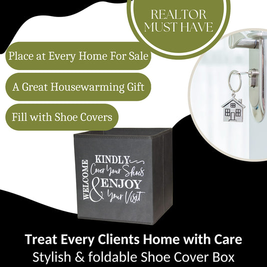 Life Charge Shoe Covers Box - Real Estate Agent Supplies Asking Guests to Please Cover Shoes - Disposable Shoe Bootie Holder For Realtor Listings & Open Houses - Indoor Use | 5 Pack Grey & White