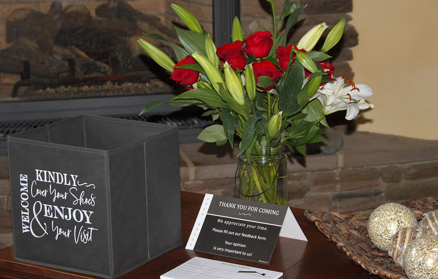 Life Charge Shoe Covers Box - Real Estate Agent Supplies Asking Guests to Please Cover Shoes - Disposable Shoe Bootie Holder For Realtor Listings & Open Houses - Indoor Use | 5 Pack Grey & White